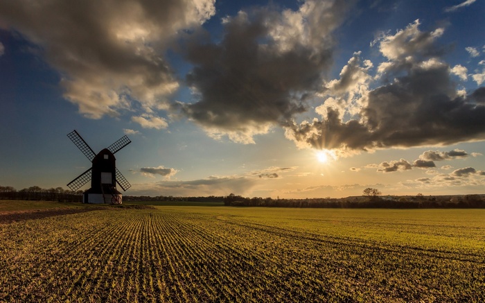 Windmill in a field at sunset