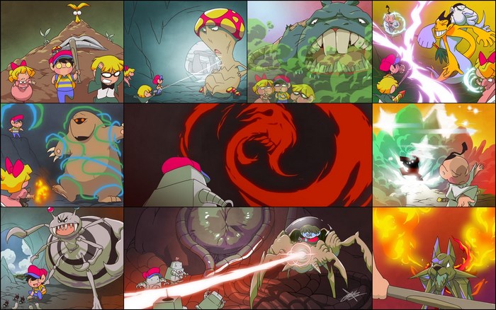 Characters from EarthBound fighting monsters