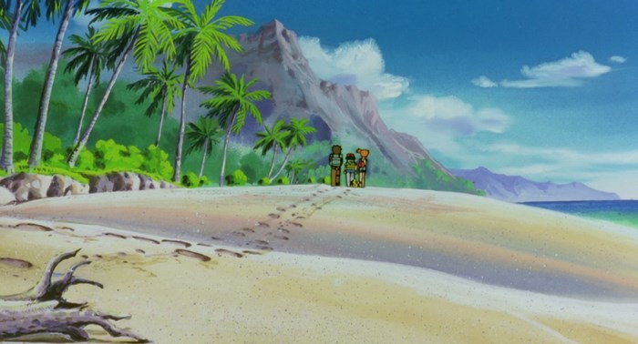 Pokemon characters on a tropical beach with a mountain