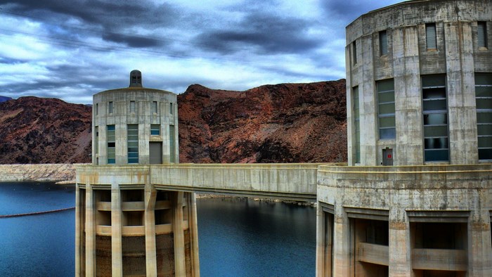 Hoover Dam concrete structures and water