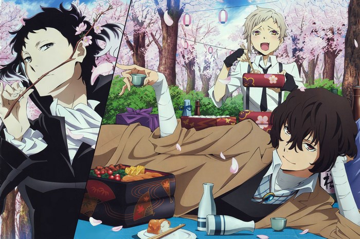 Bungo Stray Dogs characters enjoying a picnic under cherry blossoms