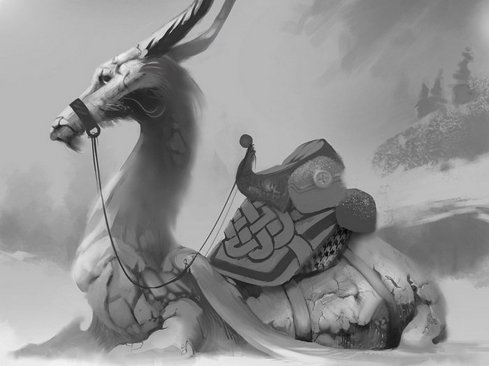 Creature with saddle in a snowy landscape