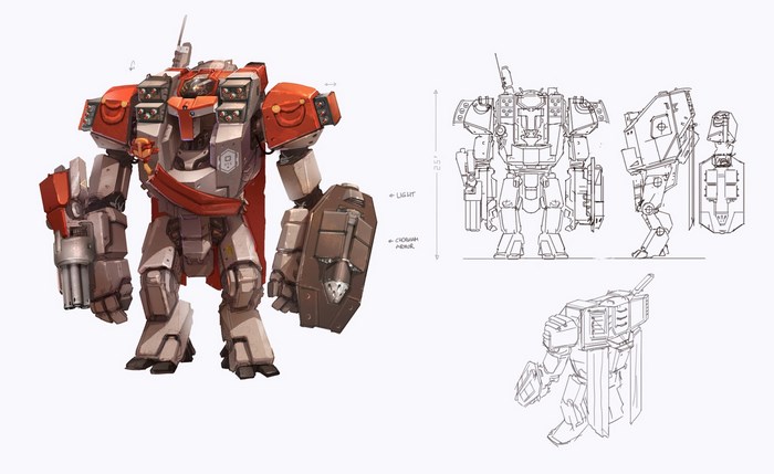 Mech concept art with multiple views