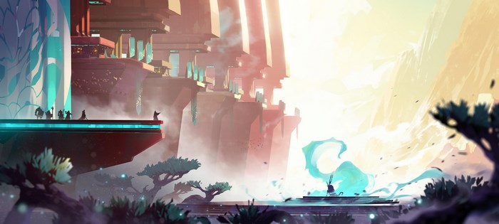 Duelyst characters on a platform with a futuristic city