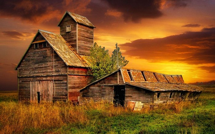 Old barn at sunset