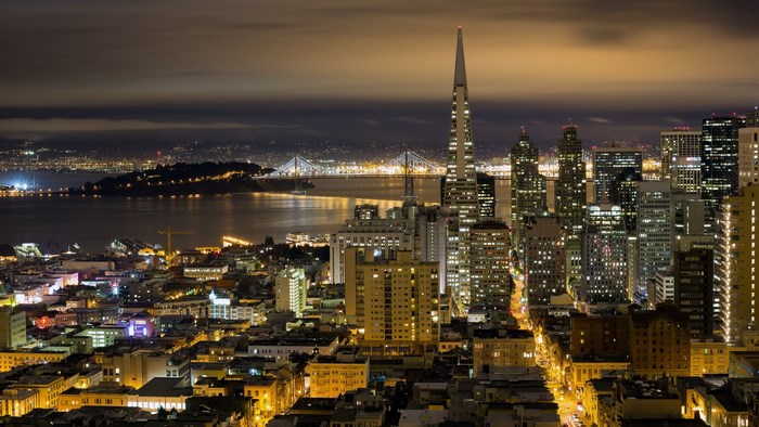 San Francisco skyline at night with Bay Bridge
