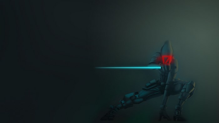 Robot with laser sword and red symbol