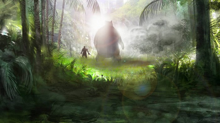 Giant creature and warrior in a jungle