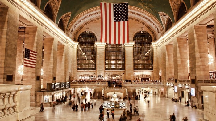 Grand Central Terminal Main Concourse with American Flags