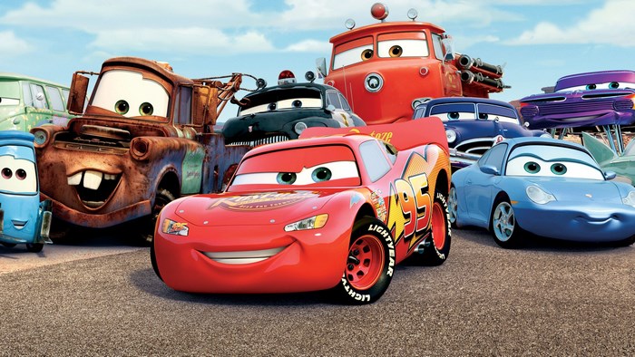 Vibrant animated scene from Cars with iconic characters