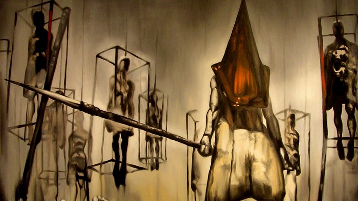 Pyramid Head and caged figures from Silent Hill 2