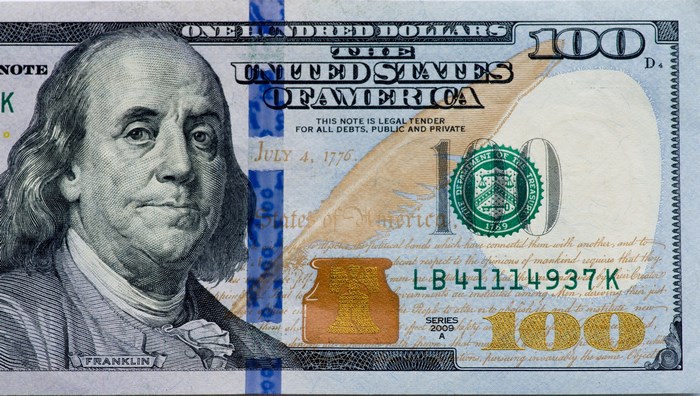100 Dollar Bill featuring Benjamin Franklin