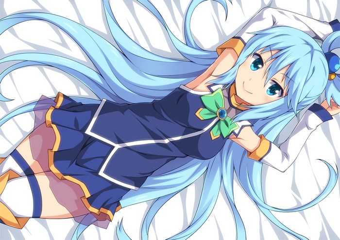 Aqua from Konosuba lying on a bed