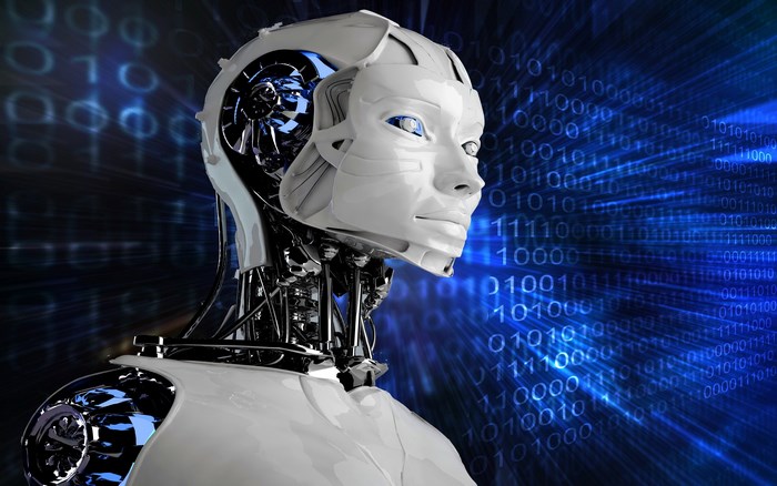 Robot head with binary code background