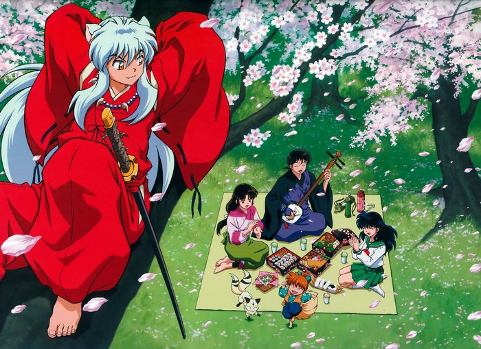 Inuyasha characters having a picnic under cherry blossoms