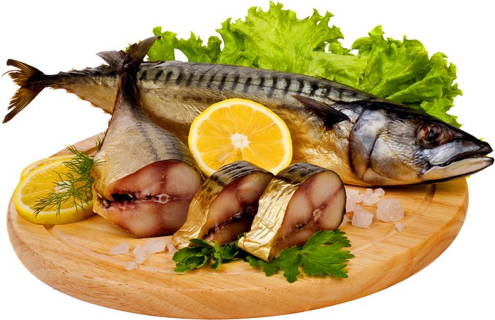 Smoked Mackerel with Lemon and Herbs on a Wooden Board