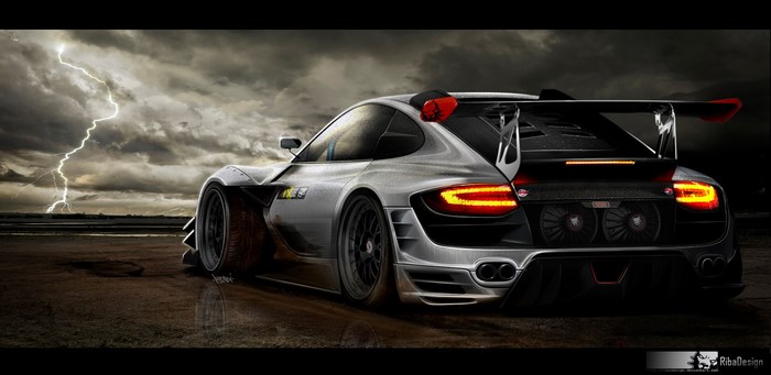 Modified Porsche sports car in stormy weather
