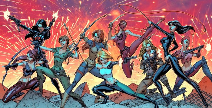 Danger Girl team with weapons and fireworks