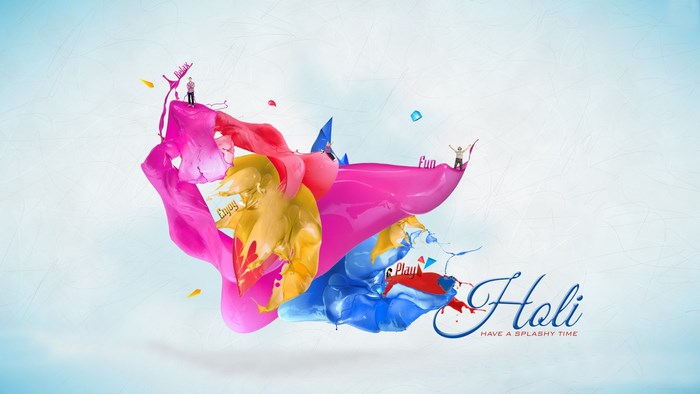 Holi festival with colorful paint splashes and people