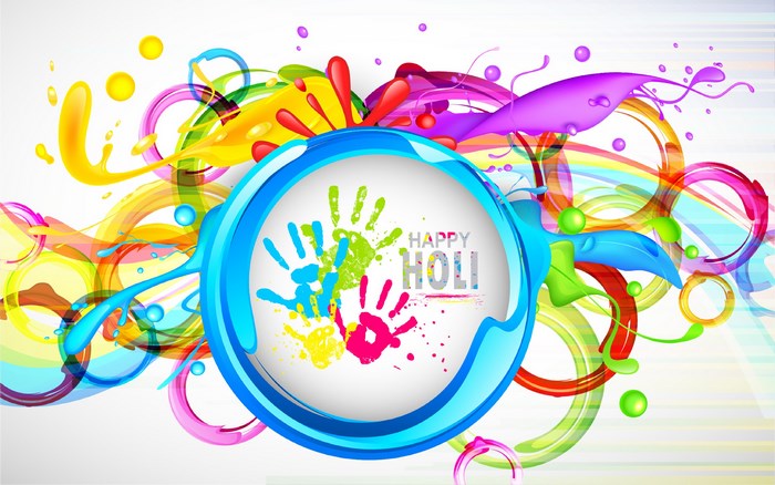 Happy Holi colorful handprints and splashes