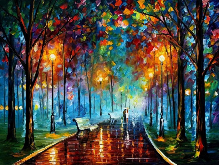 Colorful Impressionist Park Path at Night