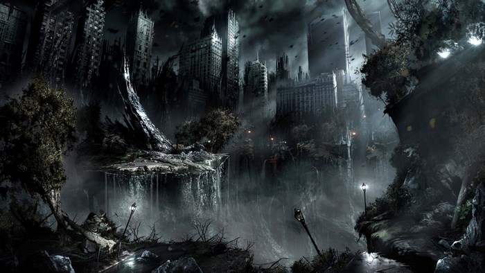 Dark ruined city with waterfalls and trees
