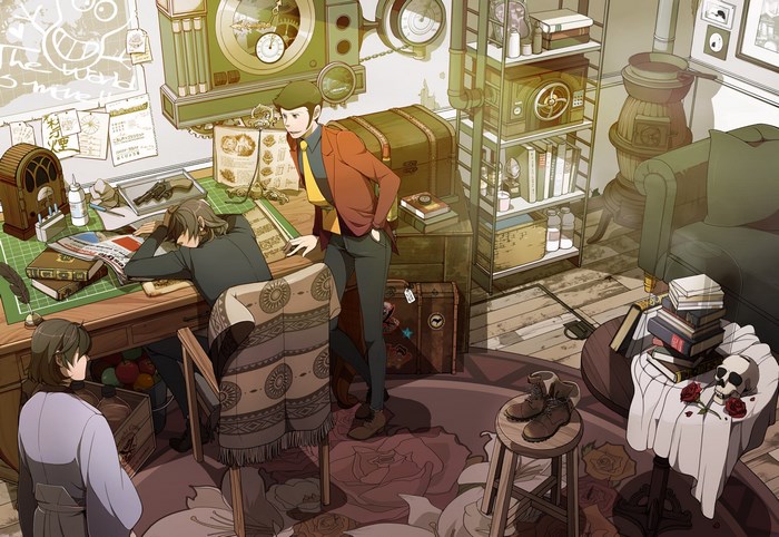 Lupin the Third characters in a study room