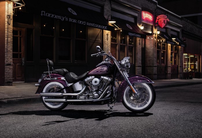 Purple Harley Davidson Softail Deluxe motorcycle parked at night
