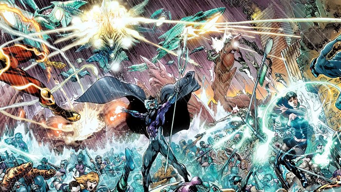 Aquaman and Flash in battle with Atlantean forces
