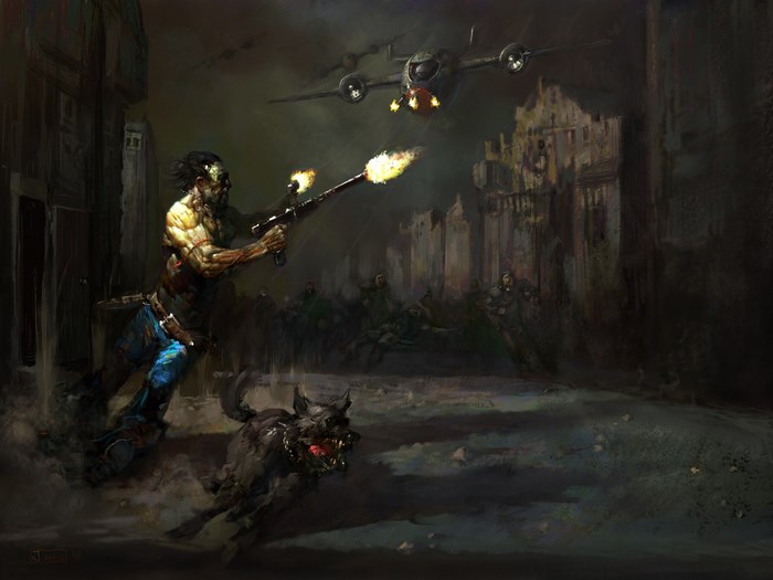 Man and dog fighting in a ruined city with planes