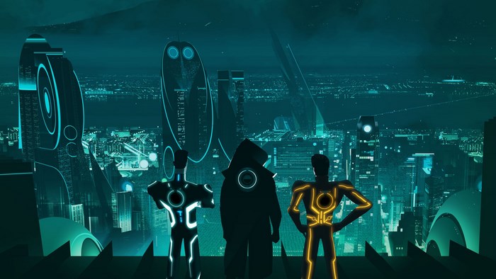 Tron Uprising characters overlooking a futuristic city