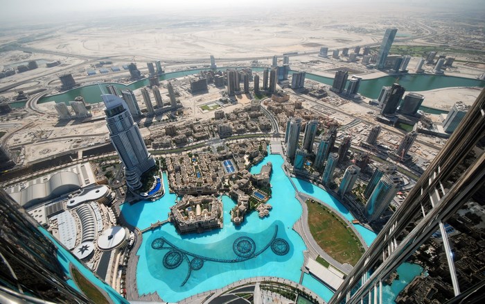 Aerial view of Burj Khalifa and Dubai Fountain