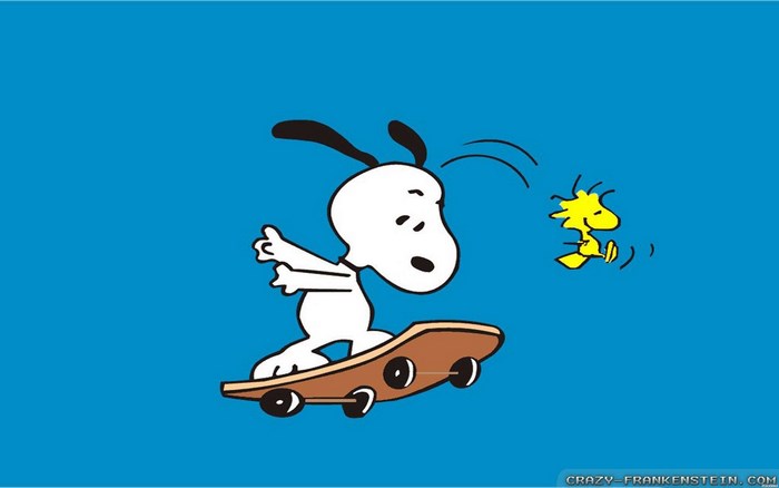 Snoopy Skateboarding with Woodstock on Blue Background