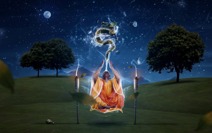 Monk levitating and summoning a dragon under the night sky