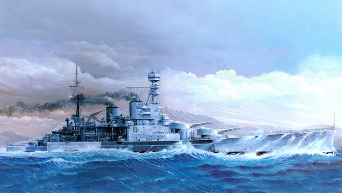 Battleship sailing through rough seas under cloudy skies