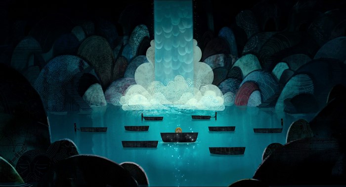 A child in a boat under a waterfall in Song of the Sea
