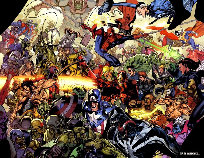 Marvel characters in a large battle scene