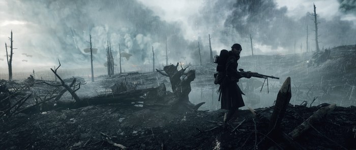 Soldier with machine gun in Battlefield 1 trench warfare