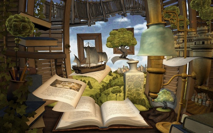 Fantasy desk with books, ship, and lamp