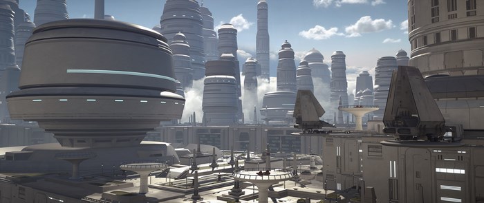 Star Wars Battlefront 2015 cityscape with buildings and ships