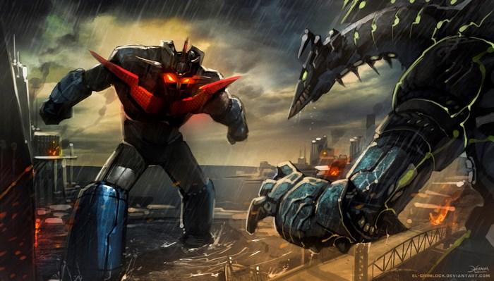 Mazinger Z fighting a monster in a rainy city