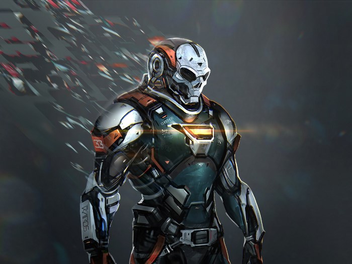 Robot with skull helmet and futuristic armor
