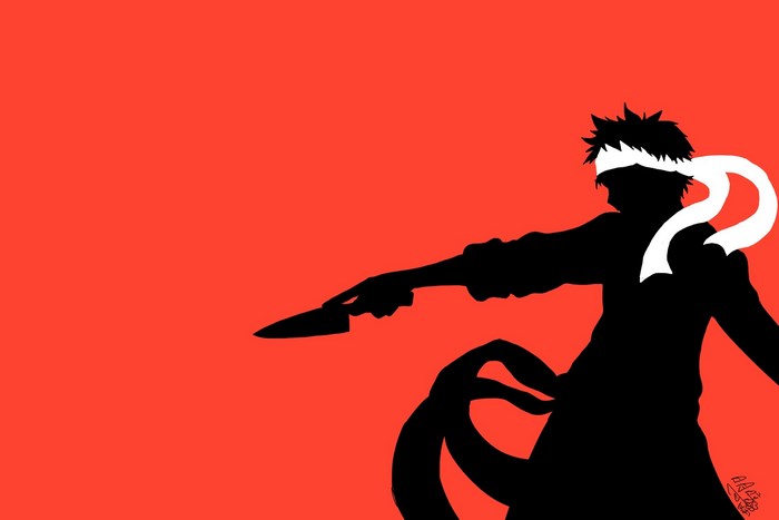 Soma Yukihira from Food Wars holding a knife