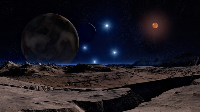 Alien landscape with planets and stars