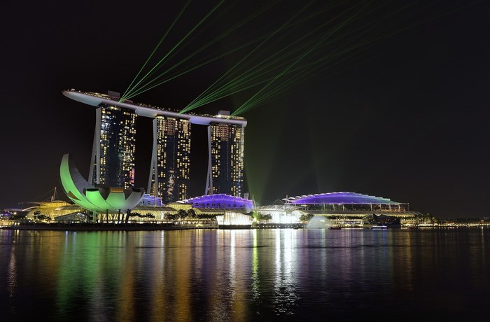 Marina Bay Sands Singapore at night with lasers