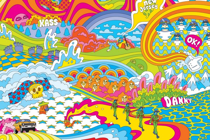 Vibrant Psychedelic Landscape with Colorful Characters
