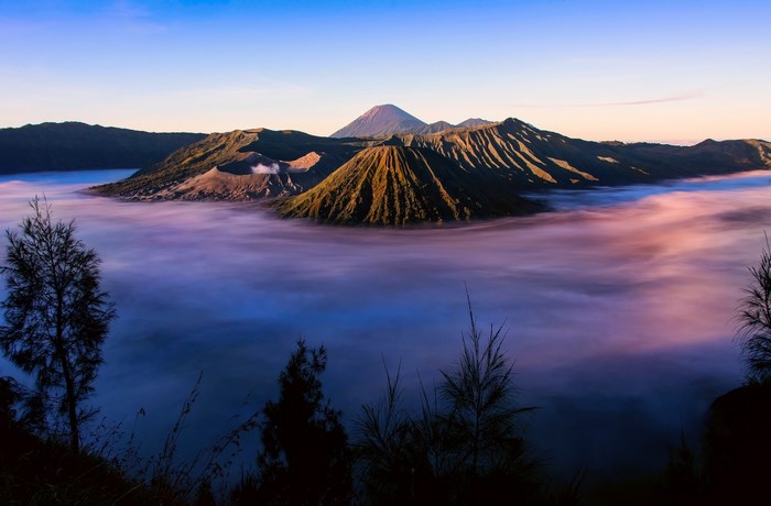 Mount Bromo landscape with fog at sunrise