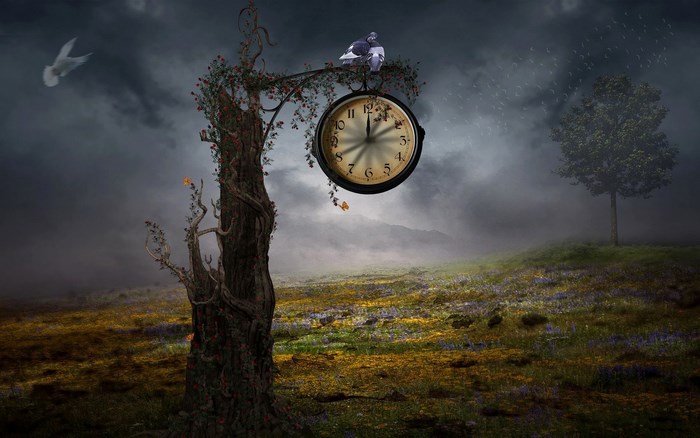Surreal Clock Hanging from Enchanted Tree