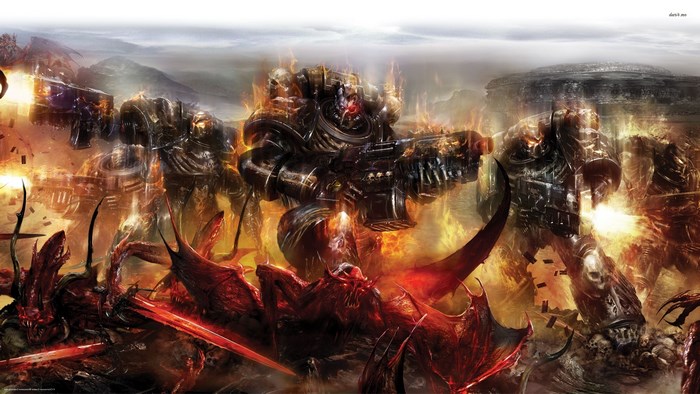 Warhammer 40,000 Space Marines fighting demons