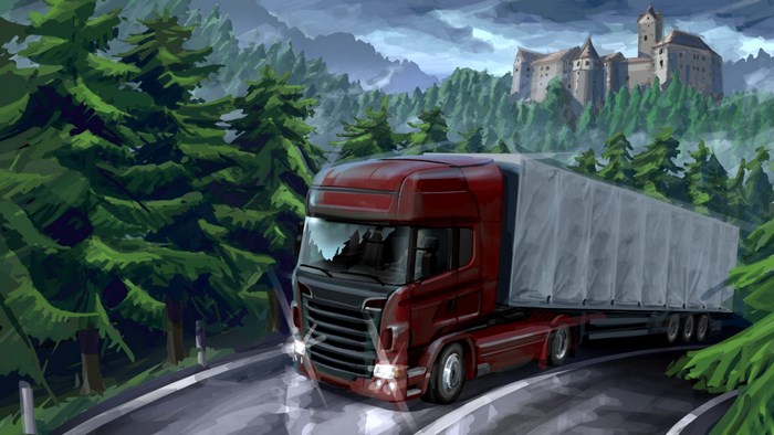 Red truck on a mountain road with a castle